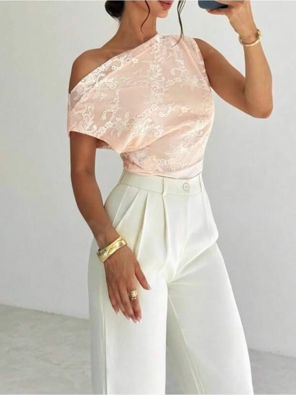 Blush Pink Lace One Shoulder Top | Elegant Feminine Blouse